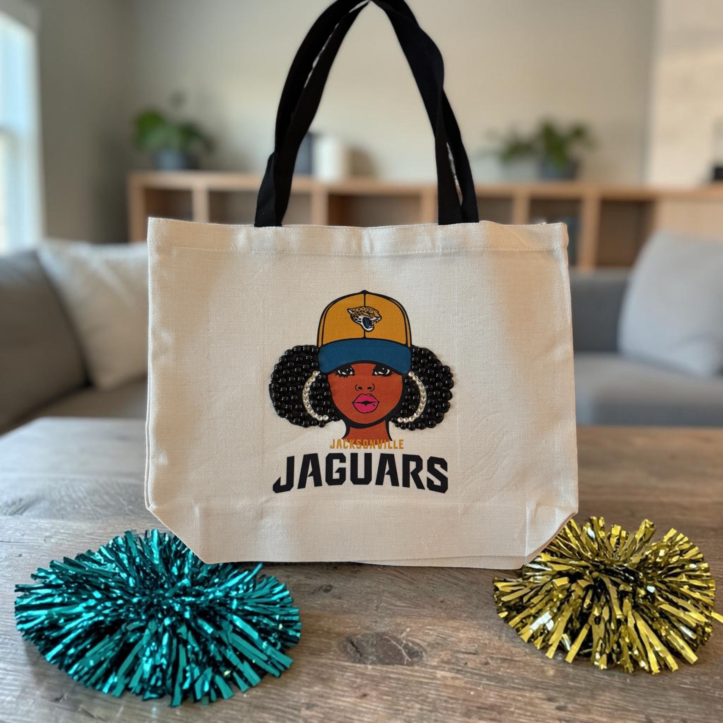 Jaguar Fan Rhinestone Tote Bag — Beaded Hair Art Gift for Her