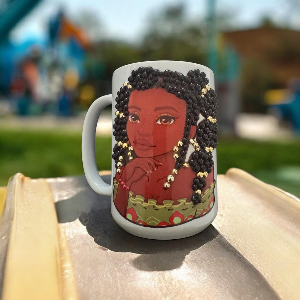 Beaded Beauty Coffee Mug — Black Woman Braids Art Gift for Her