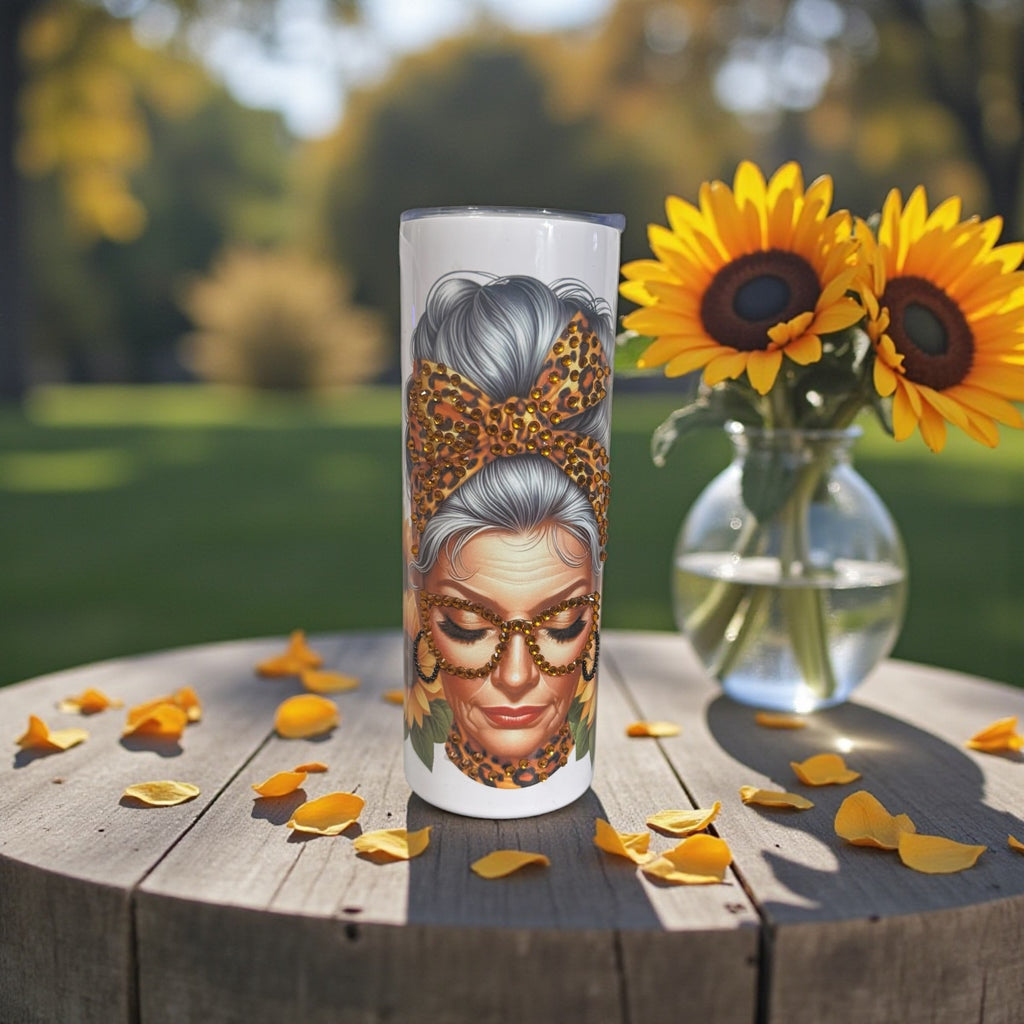 Sunflower Lady Stainless Steel Tumbler — Leopard Print Gift for Her