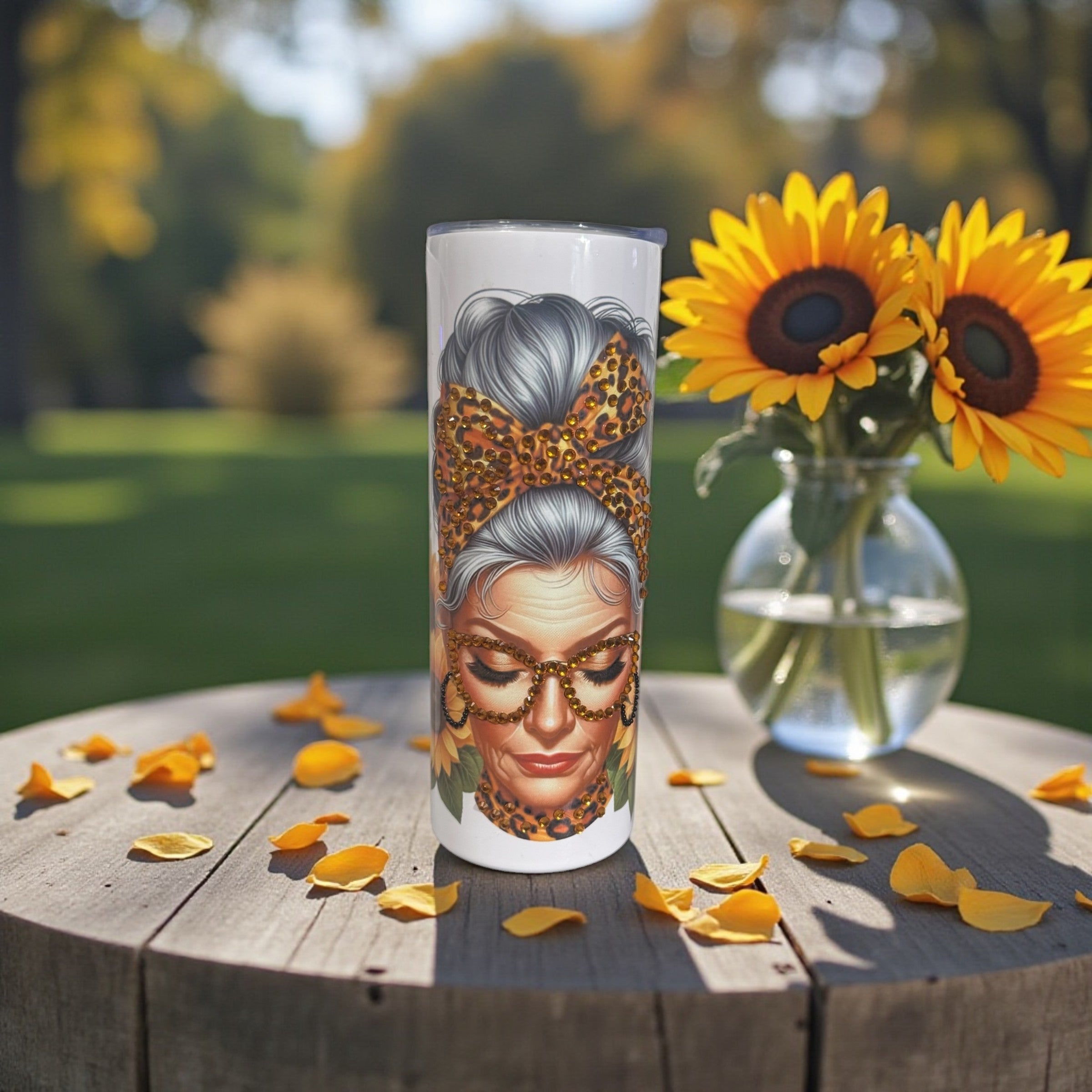 Sunflower Lady Stainless Steel Tumbler — Leopard Print Gift for Her