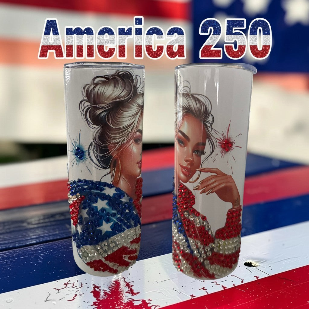 Finish Touch Accessories America 250 stainless steel tumbler with patriotic rhinestone art and American flag background