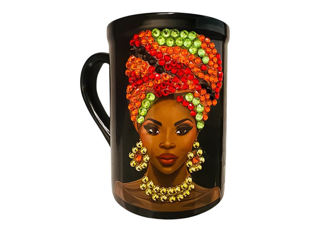 Finish Touch Accessories black ceramic mug featuring a woman with a rhinestone headwrap and gold jewelry portrait.