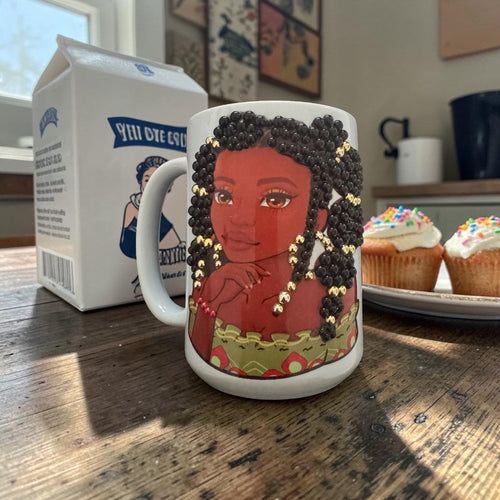 Beaded Beauty Coffee Mug — Black Woman Braids Art Gift for Her