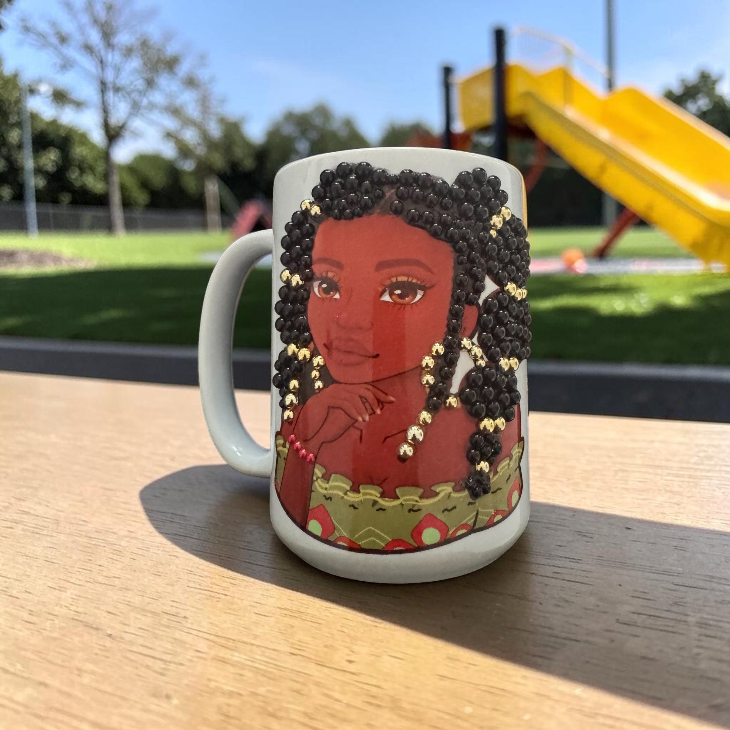 Beaded Beauty Coffee Mug — Black Woman Braids Art Gift for Her
