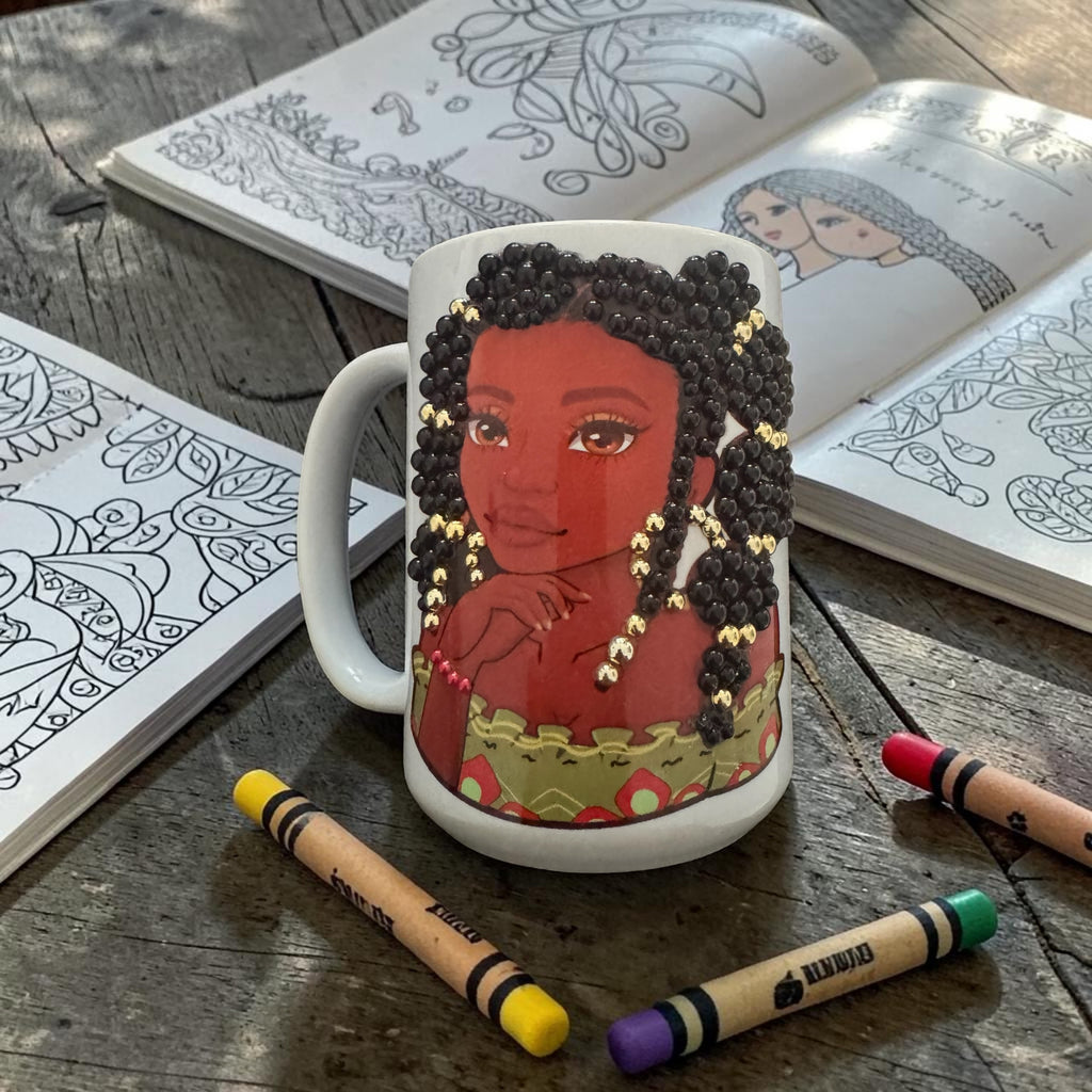 Beaded Beauty Coffee Mug — Black Woman Braids Art Gift for Her