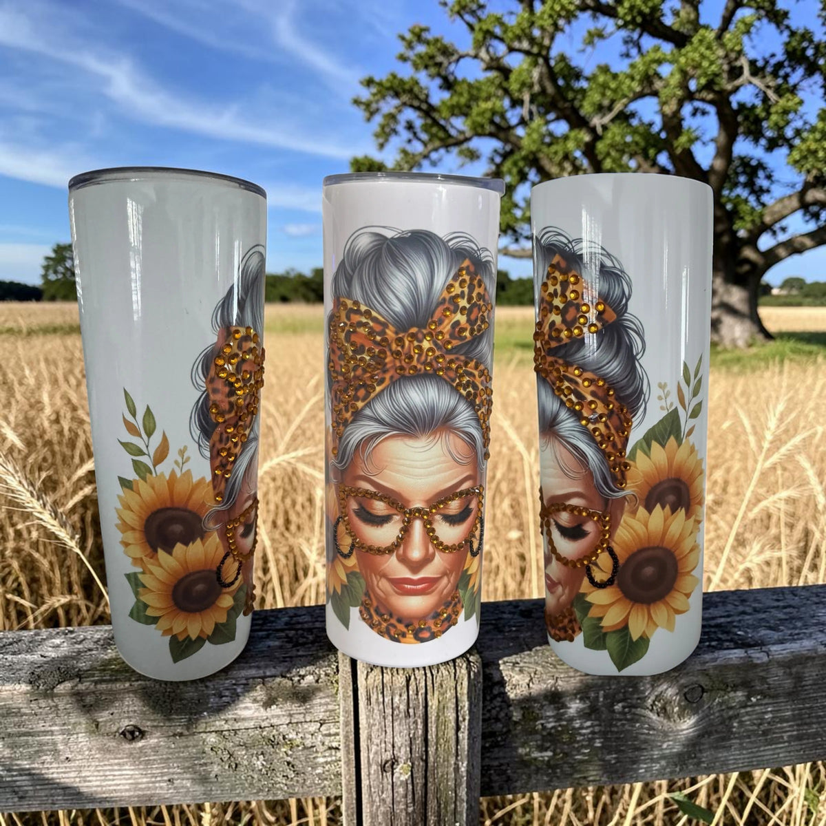 Sunflower Lady Stainless Steel Tumbler — Leopard Print Gift for Her