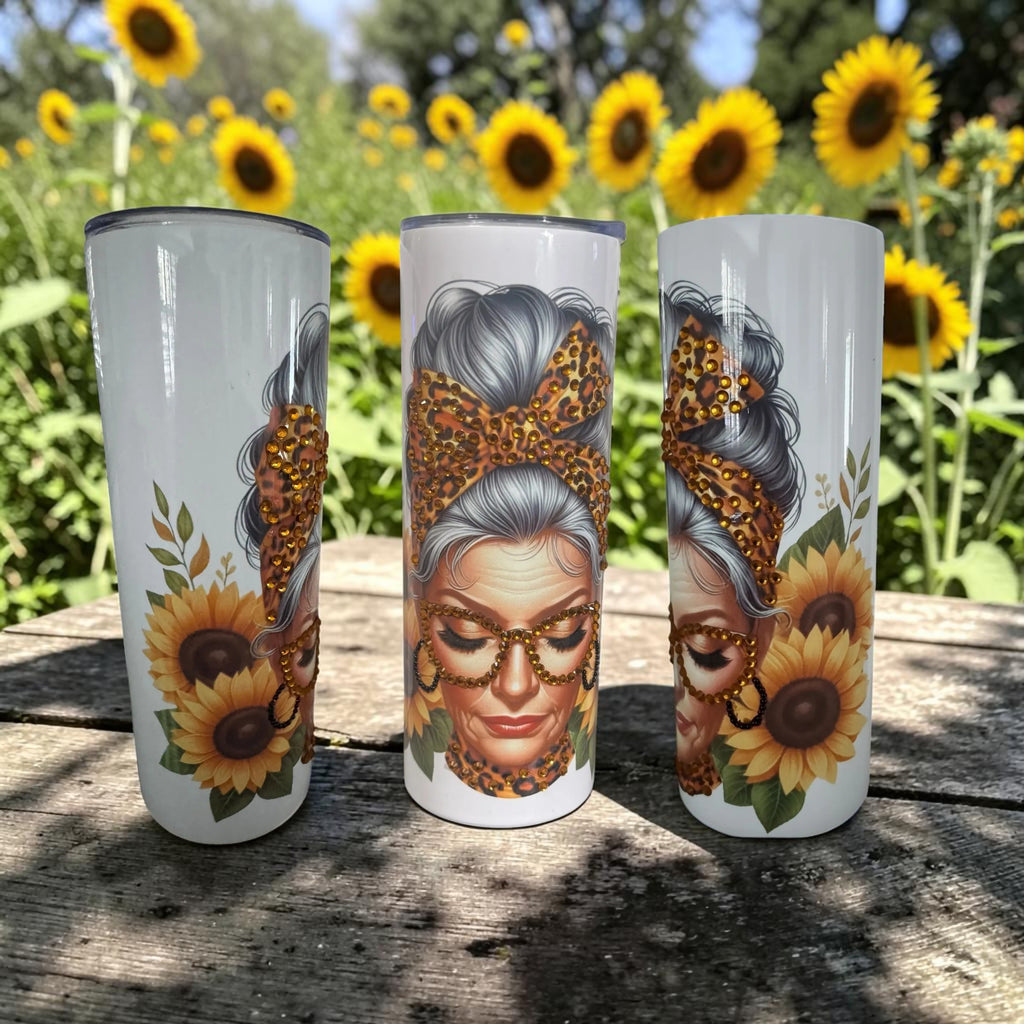Sunflower Lady Stainless Steel Tumbler — Leopard Print Gift for Her
