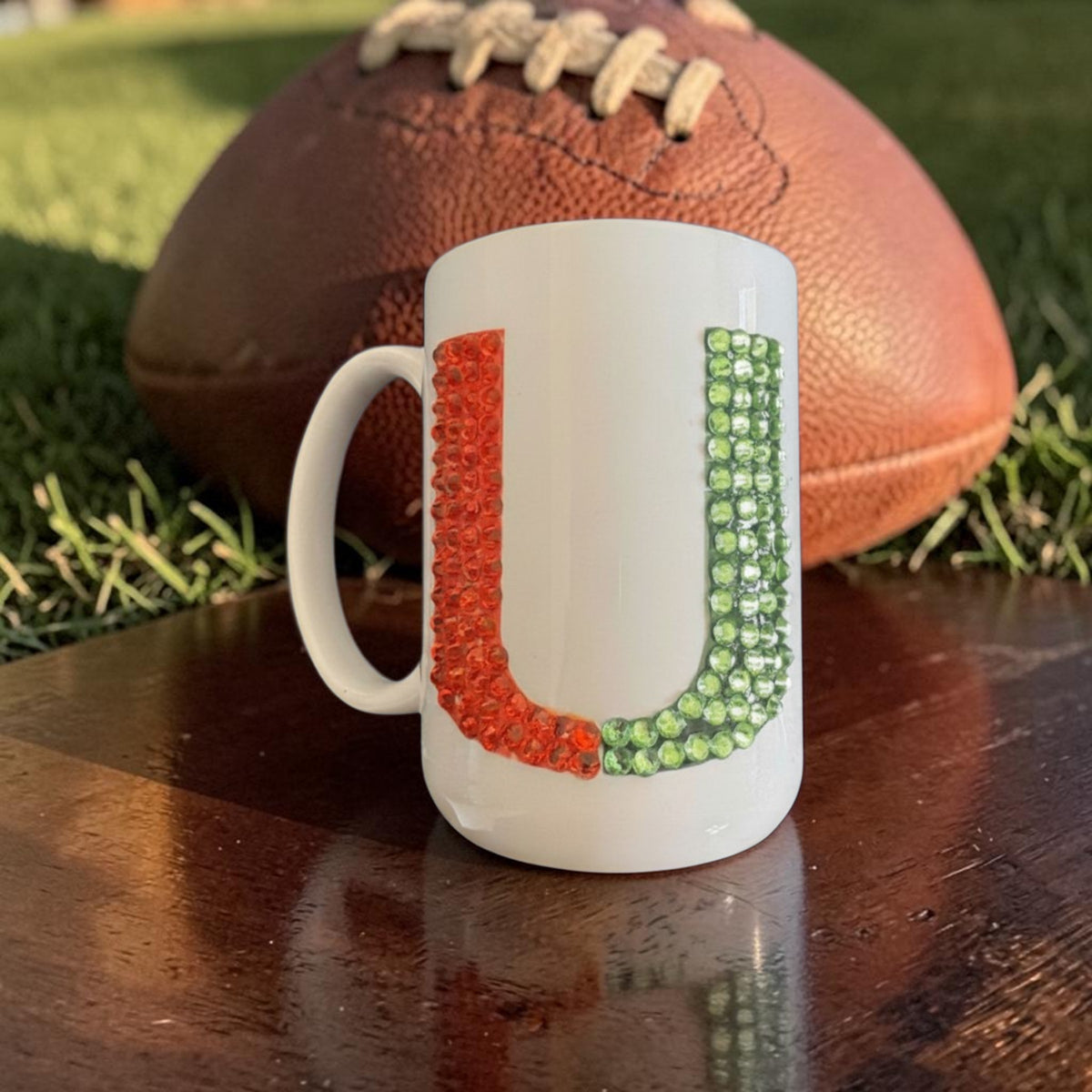 University of Miami Rhinestone Football Coffee Mug — UM Fan Gift
